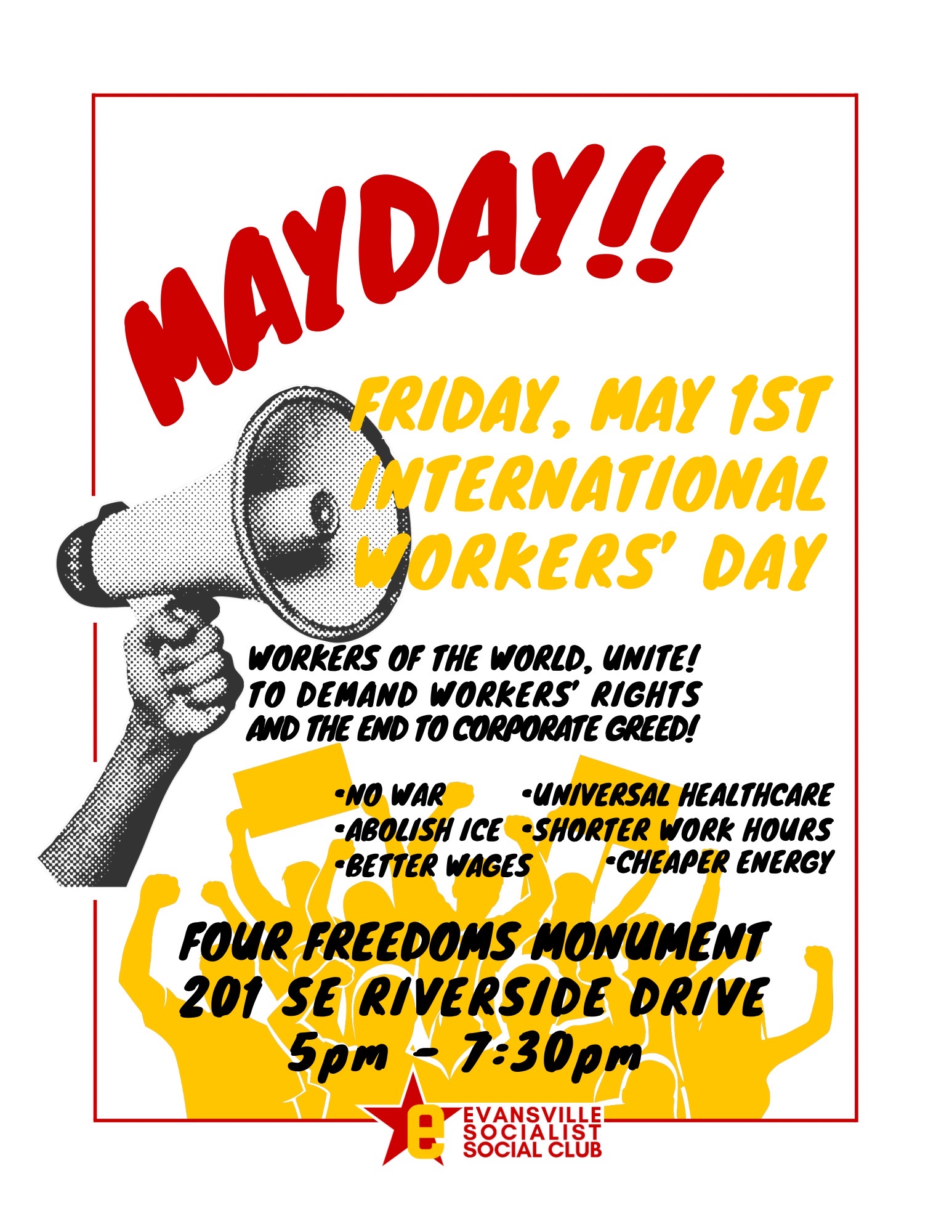 Flyer for May Day Protest organized by Evansville Socialist Social Club