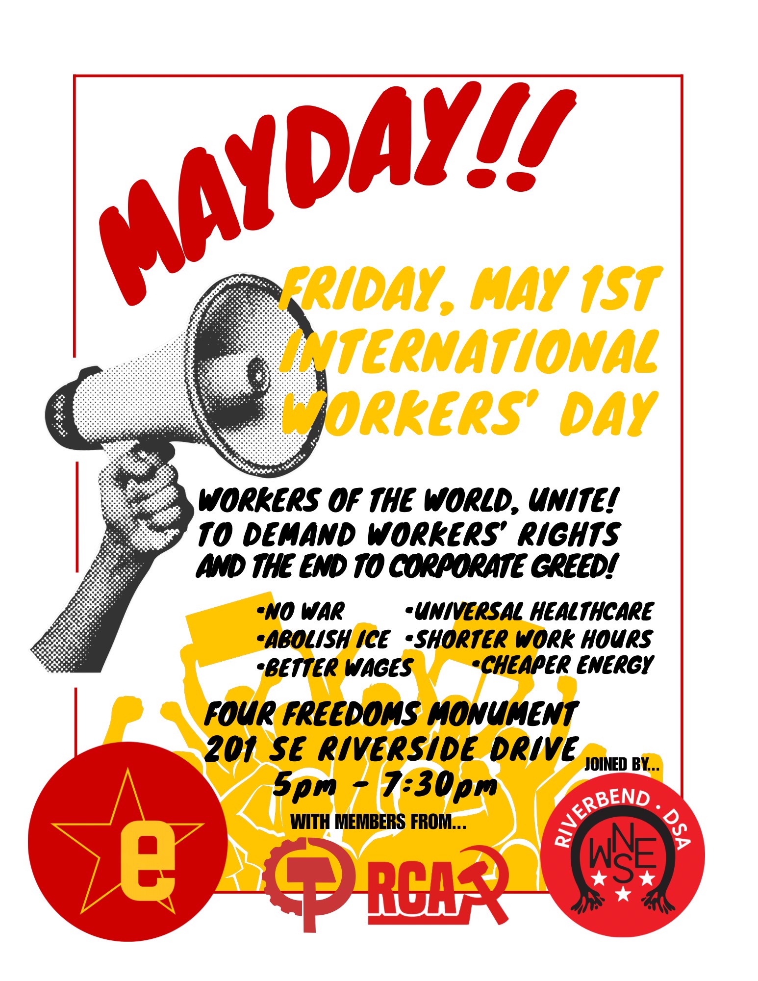 Flyer for May Day Protest organized by Evansville Socialist Social Club