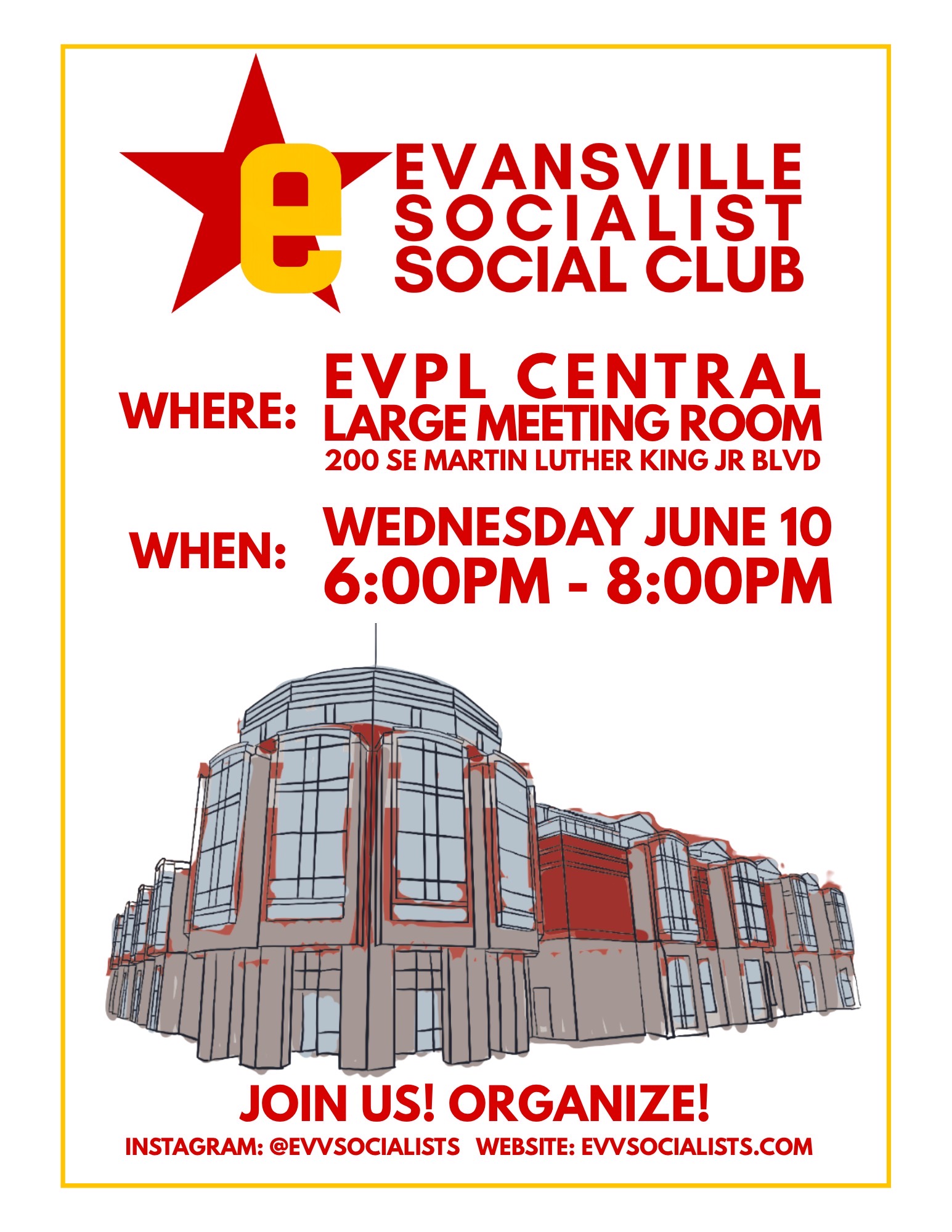 Meeting Wednesday, June 10th, in the Large Meeting Room at EVPL Central Library, from 6:00-8:00PM